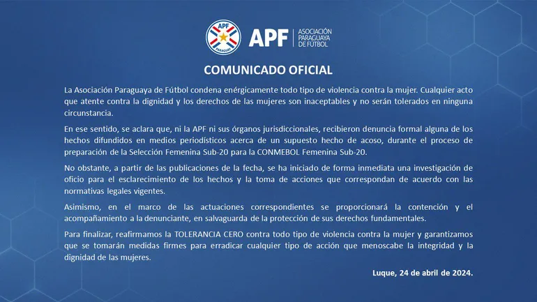 Selección paraguaya: El comunicado de la APF después de la denuncia por acoso en la selección Sub 20 – Selección Paraguaya