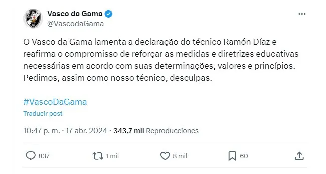 Vasco da Gama pidió disculpas por las declaraciones de Ramón Díaz – Fútbol Internacional