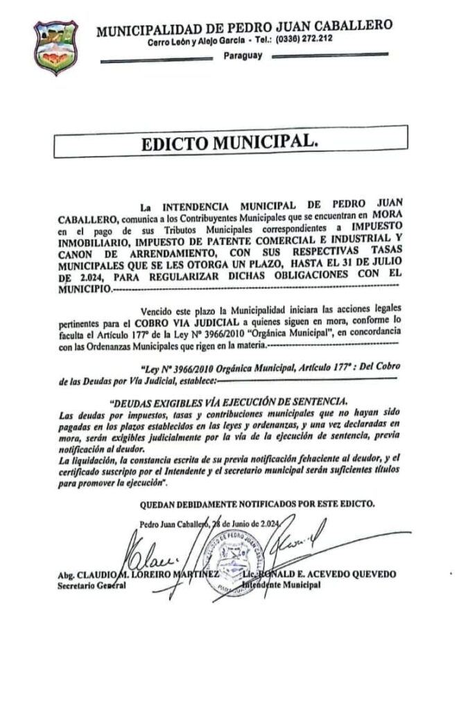 PJC: COMUNICADO Edicto Municipal: Regularización de obligaciones tributarias en Pedro Juan Caballero