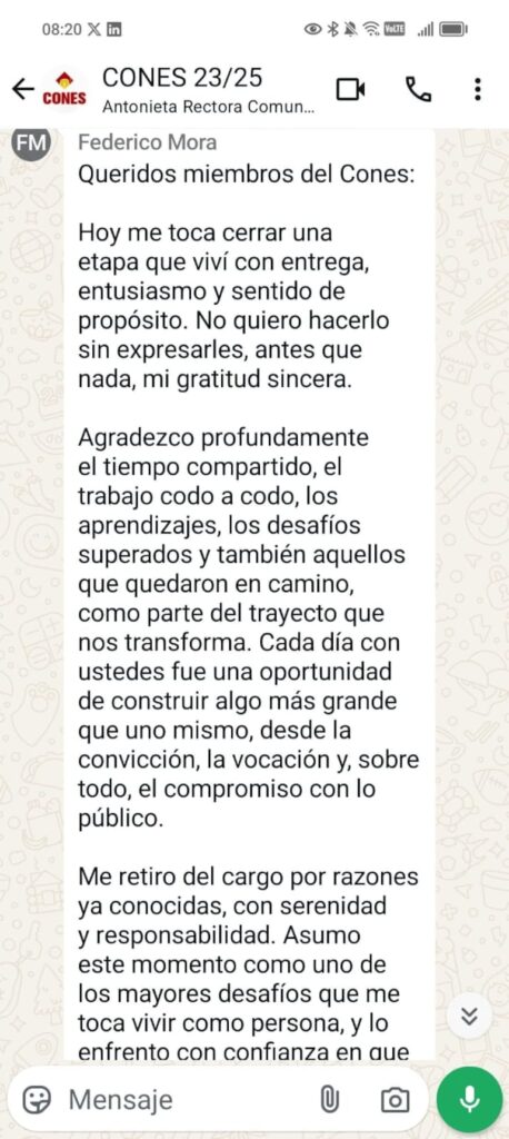 Así se habría despedido Federico Mora del Cones