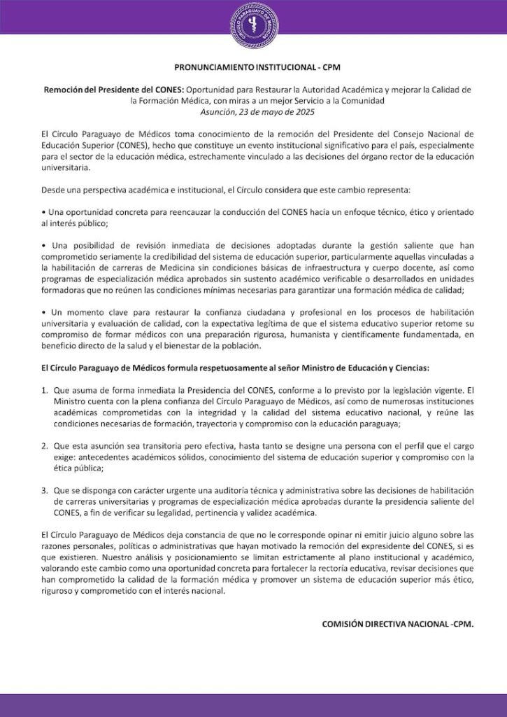 Círculo Paraguayo de Médicos respalda remoción de Federico Mora del CONES y pide auditoría urgente