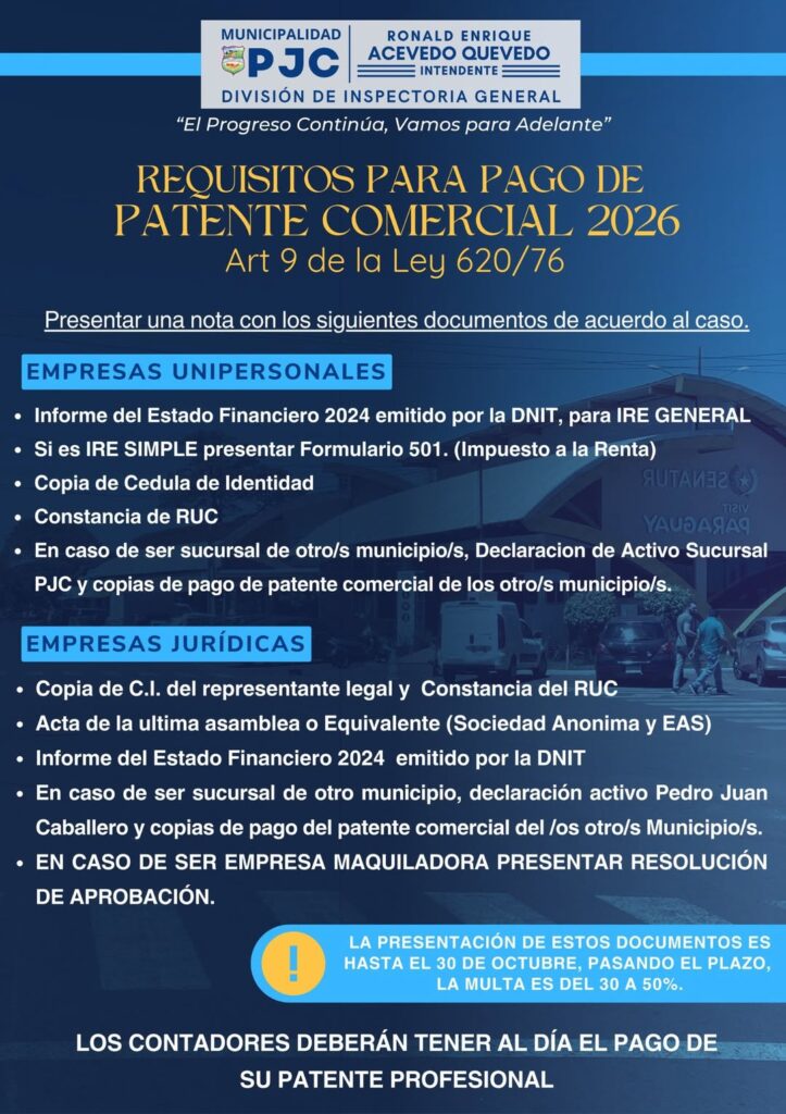 PJC: Requisitos para el Pago de Patente Comercial Empresas Unipersonales Jurídicas