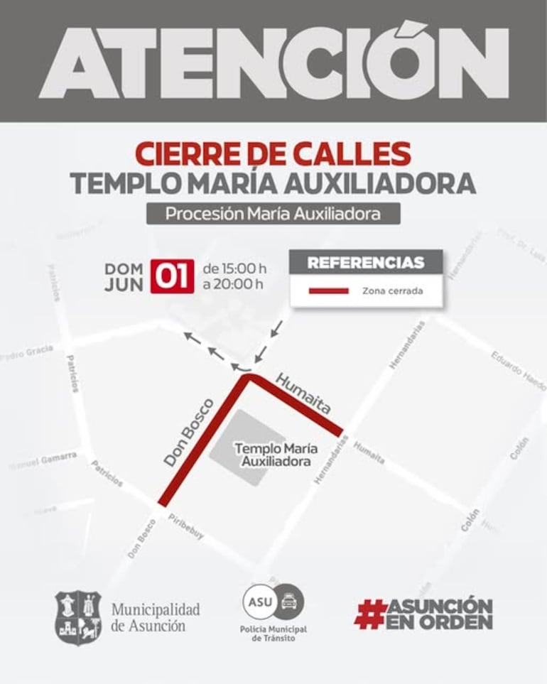Estas son las calles cerradas por procesión de María Auxiliadora este domingo en Asunción