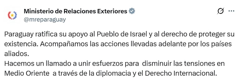 Paraguay ratifica su apoyo a Israel y acompaña las “acciones” de países aliados