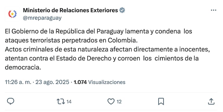 Gobierno de Paraguay condena ataques terroristas en Colombia