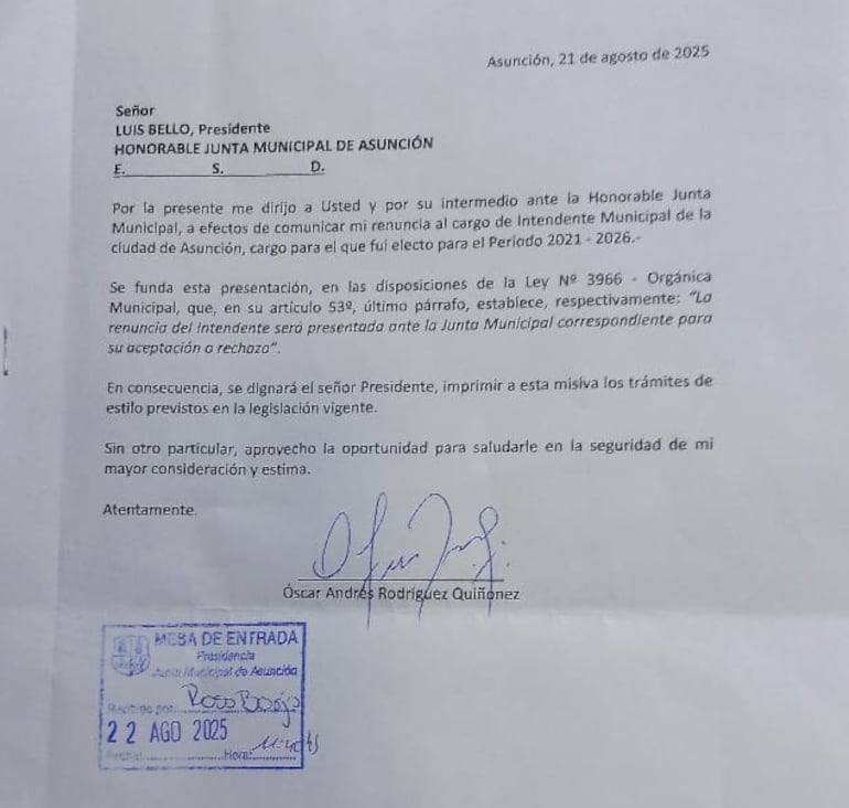 “Nenecho” Rodríguez renuncia a la Intendencia de Asunción