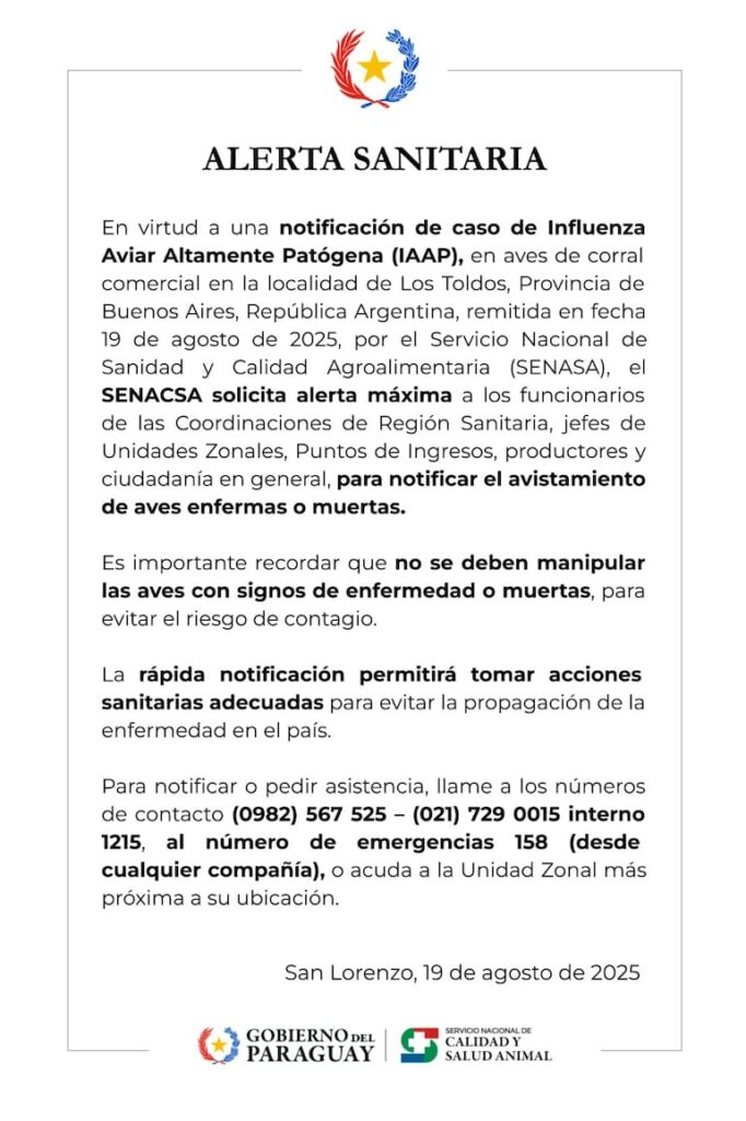 Senacsa declara alerta sanitaria por gripe aviar tras brote en Argentina