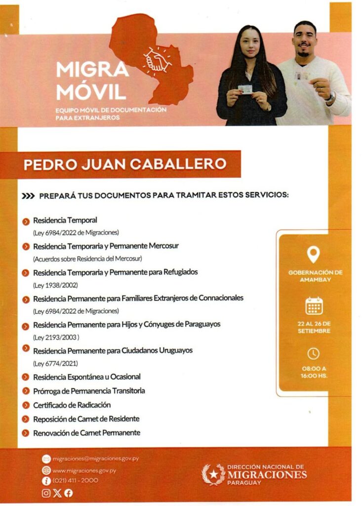 PJC: ATENCIÓN EXTRANJEROS RESIDENTES EN PEDRO JUAN CABALLERO MIGRA MOVIL