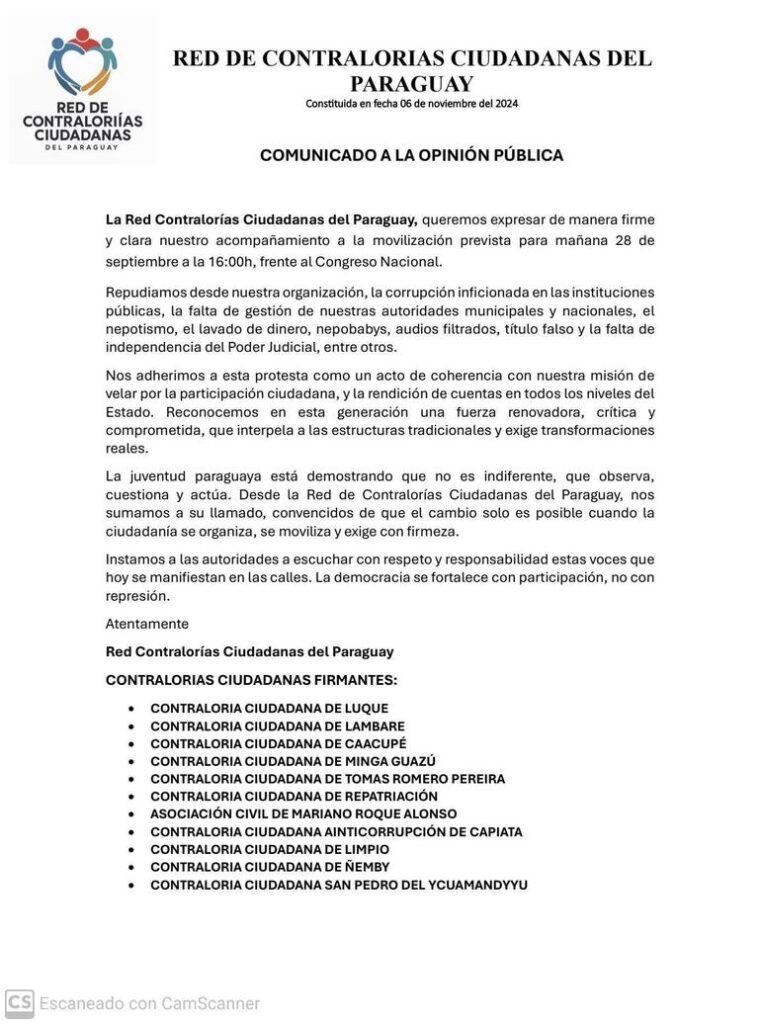 Red de Contralorías Ciudadanas se sumará a la manifestación “28S”