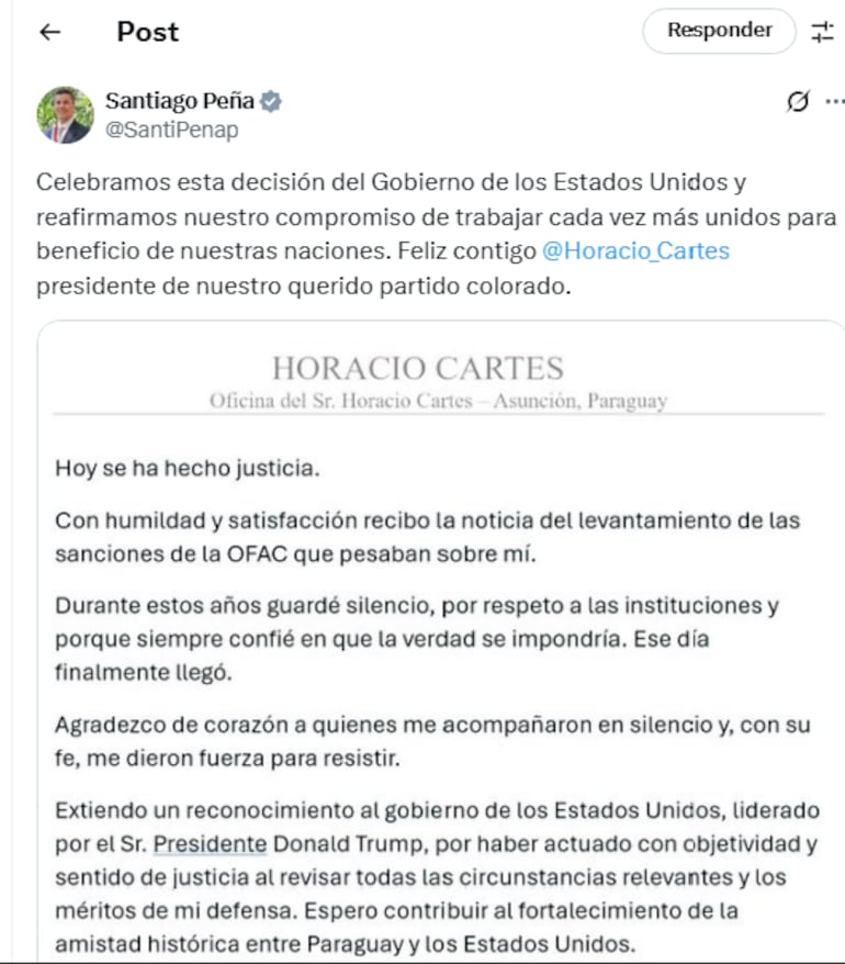 La reacción de Peña tras levantarse la sanción de OFAC contra Cartes